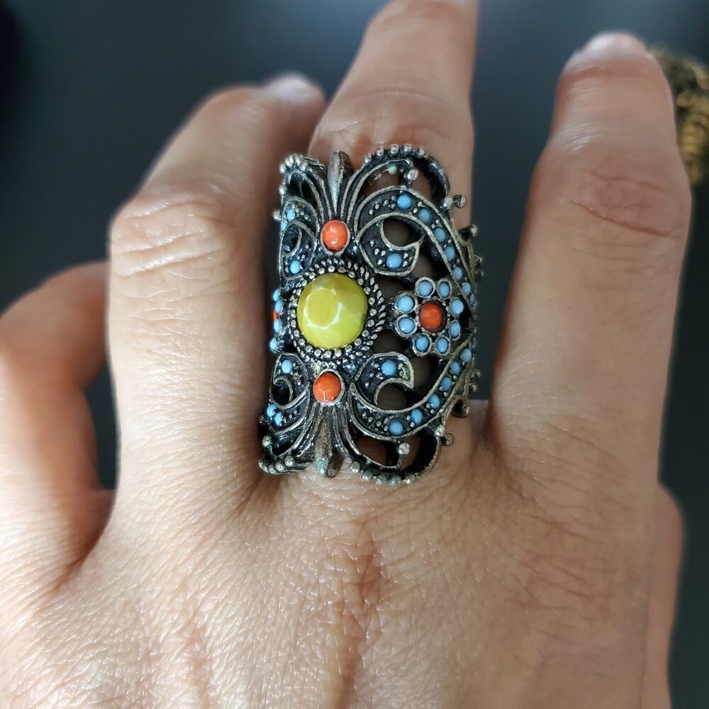 Vintage Women Ornate yellow orange blue round stones accent ring Size 8 - Picture 2 of 10